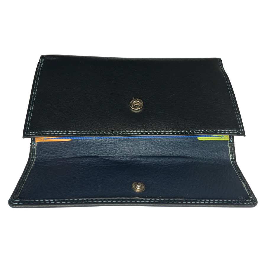 Rowallan Of Scotland Rainbow Black Leather RFID 18cm Tabbed Purse open