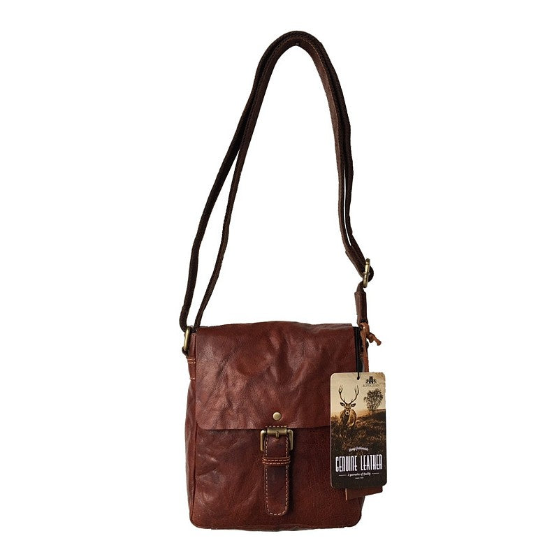 Rowallan Of Scotland Bronco Cognac Flap Over Body Bag hanging