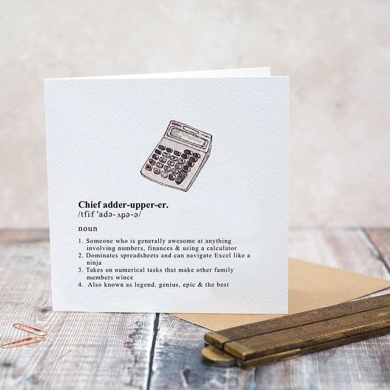 Toasted Crumpet Greetings Card Chief Adder-upper-er CG15 lifestyle with envelope