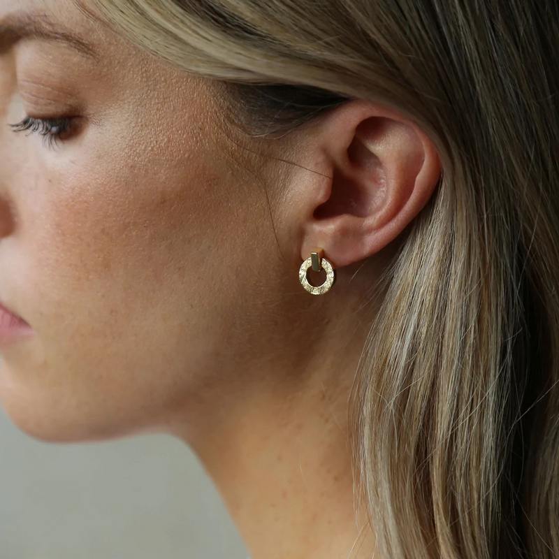 Tutti & Co Jewellery Palm Earrings Gold EA482G on model 2