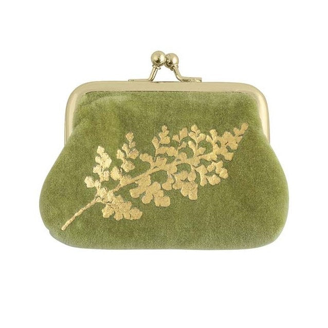 Velvet Clip Close Purse Green with gold leaves 240950 front
