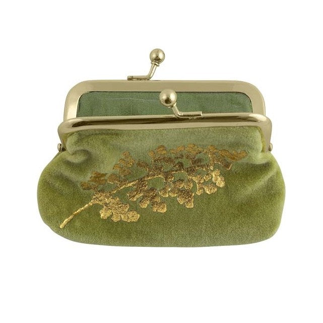 Velvet Clip Close Purse Green with gold leaves 240950 open