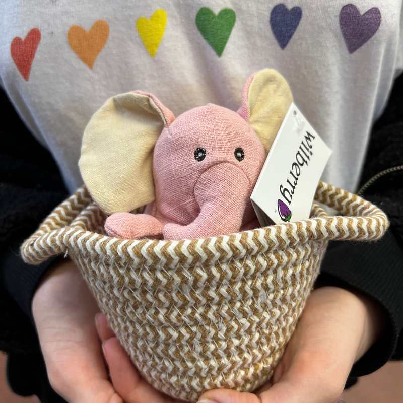 Wilberry Pets In Basket Soft Toy Elephant Pink WB001805 held in hands