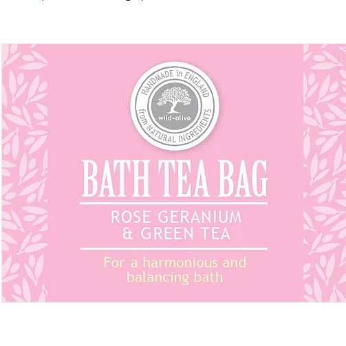 Wild Olive Bath Tea Bag Rose Geranium & Green Tea label