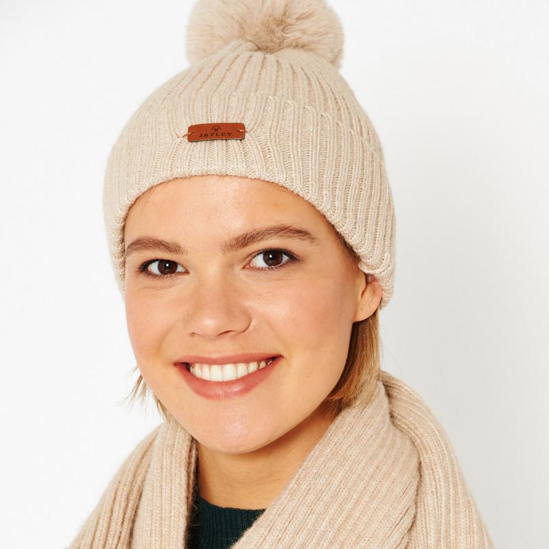 Wool Faux Fur PomPom Hat Mocha CSDT125A-09 on model