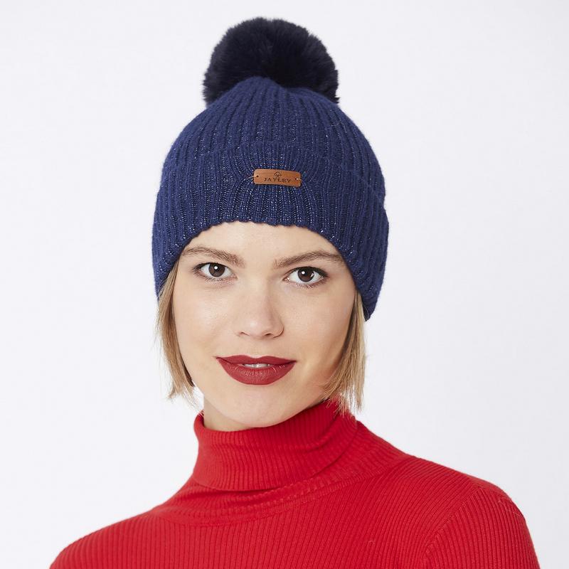 Wool Faux Fur PomPom Hat Navy CSDT125A-07 front