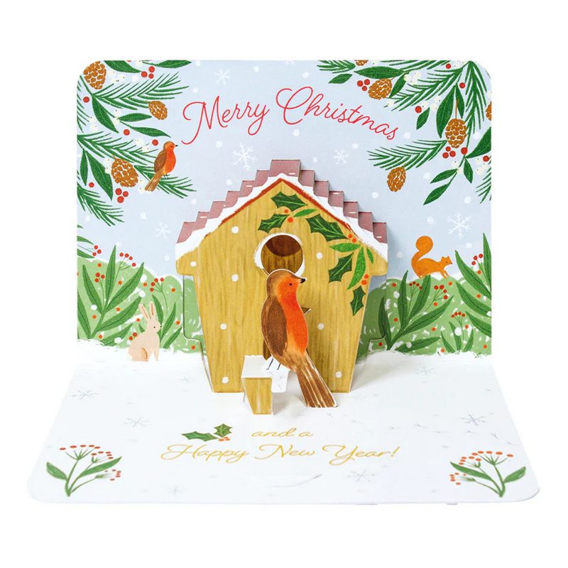 5 Luxury Pop Up Christmas Cards Robin and Birdhouse PPBOX35 front