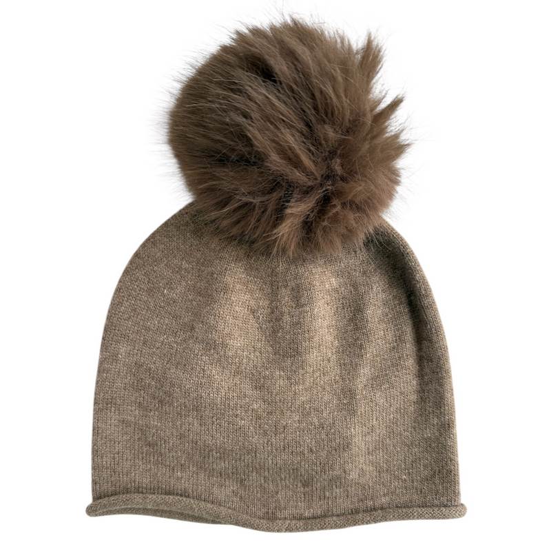 Alex Max Cappelli Faux Fur Pompom Hat Taupe CA402 front