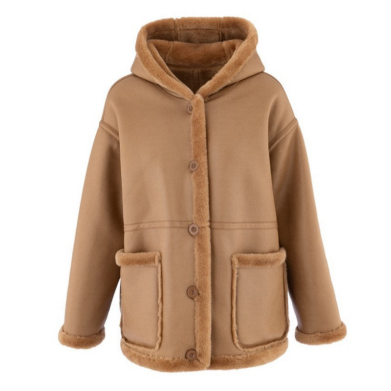 Alex Max Reversible Faux Sheepskin Hooded Jacket Camel suede side front