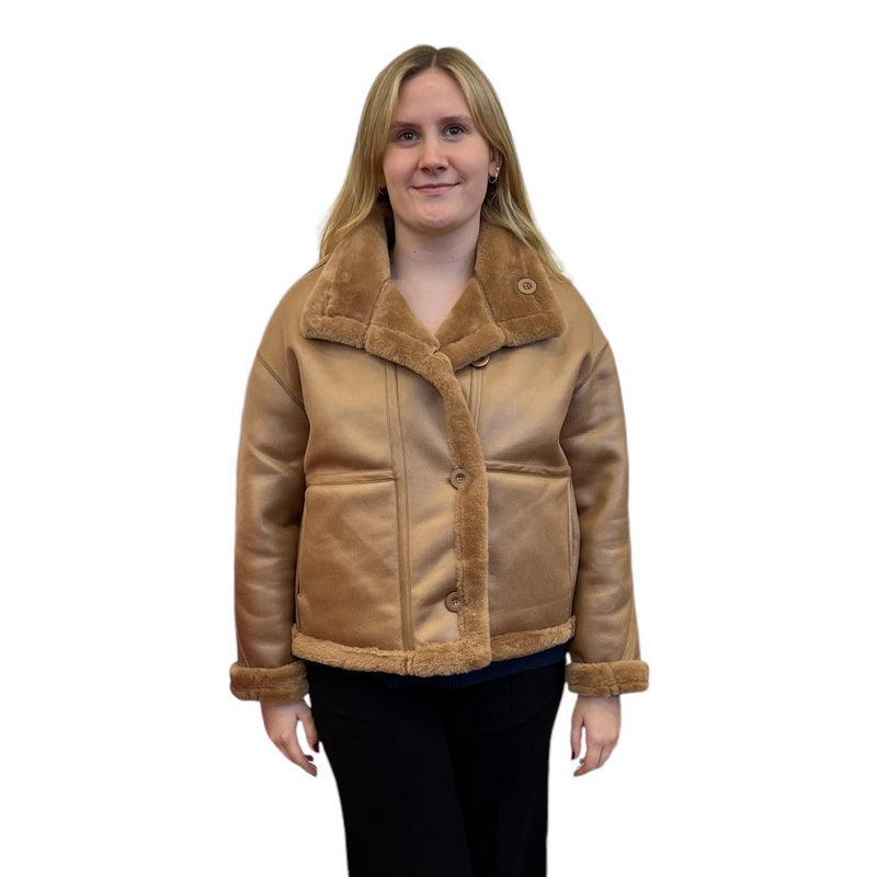 Alex Max Reversible Faux Sheepskin Short Jacket GA201 Camel on model front