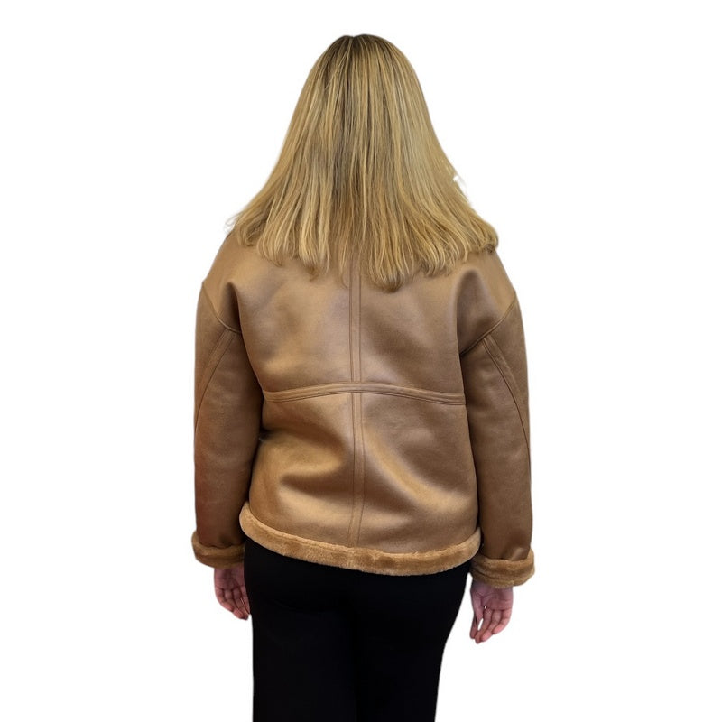 Alex Max Reversible Faux Sheepskin Short Jacket GA201 Camel on model rear