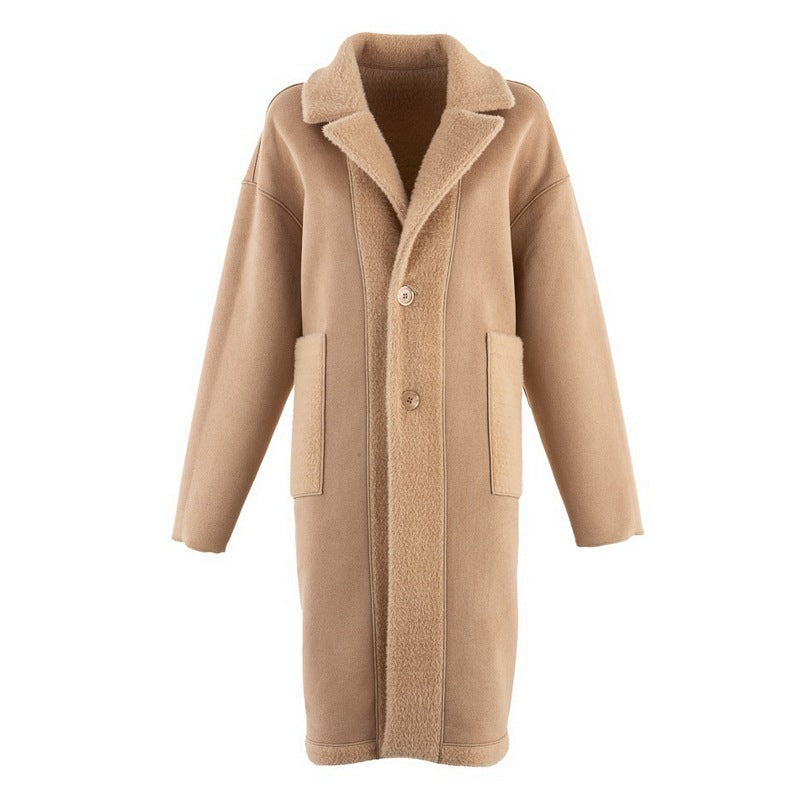 Alex Max Reversible Long-Line Faux Fur Teddy Jacket in Beige reversed front