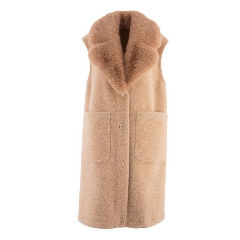 Alex Max Reversible Long-line Faux Fur Gilet GE270 Beige front