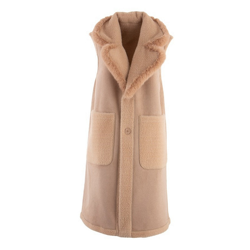 Alex Max Reversible Long-line Faux Fur Gilet GE270 Beige reversed front