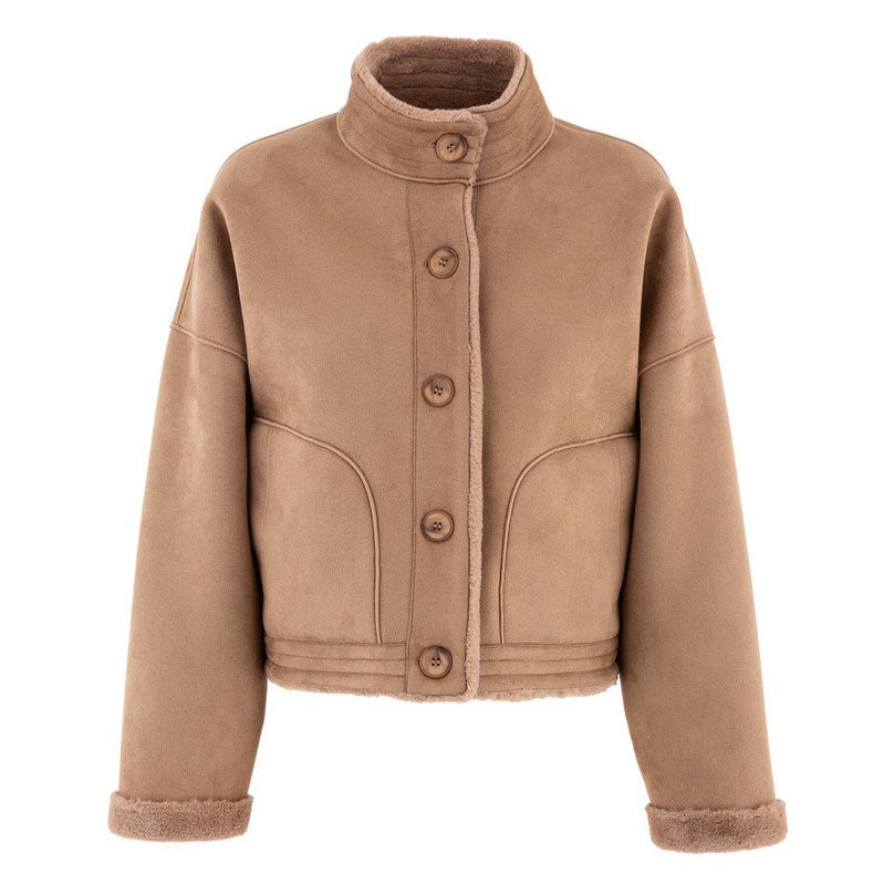 Alex Max Reversible Short Faux Fur Jacket Taupe AMY-GA077-C suede side