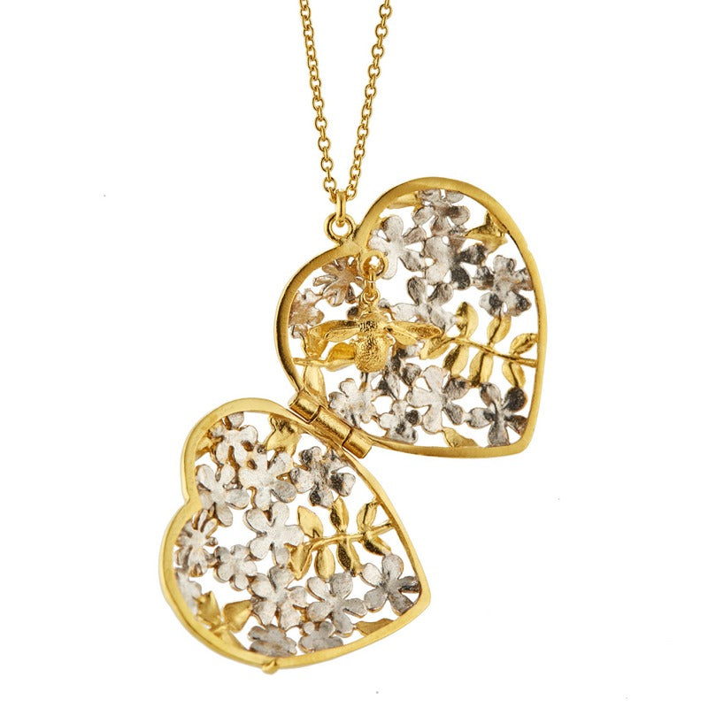 Alex Monroe Posy Bloom Locket with Bee Inside Silver & Gold Plate FSL1-MIX open