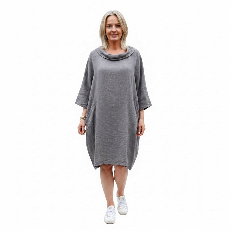 Amazing Woman Celine Linen Dress Dark Mud on model front