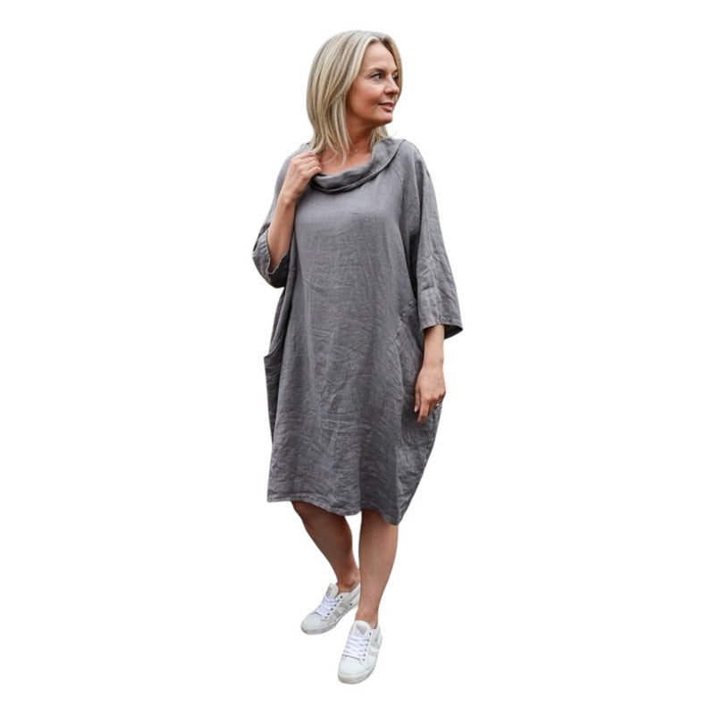Amazing Woman Celine Linen Dress Dark Mud on model main