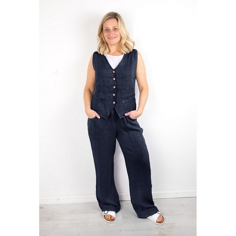 Amazing Woman Clothing Odie Wide Leg Long Linen Trousers Navy Blue on model