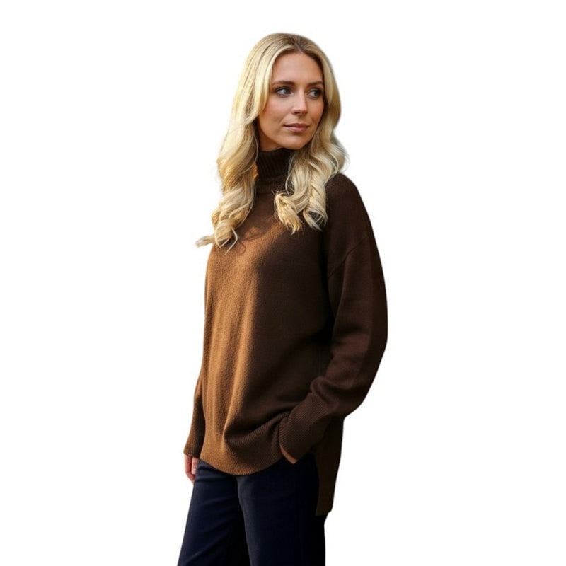 Amazing Woman Clothing Ruby High Neck Easy Fit Jumper Espresso on model front and side