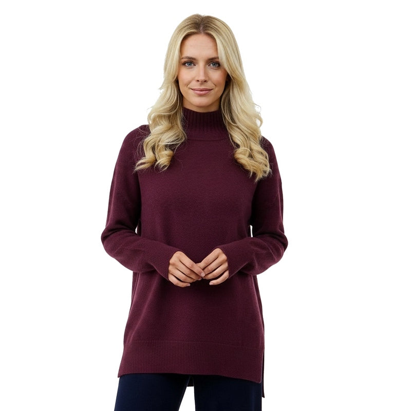 Amazing Woman Clothing Ruby High Neck Easy Fit Jumper Plum on model front