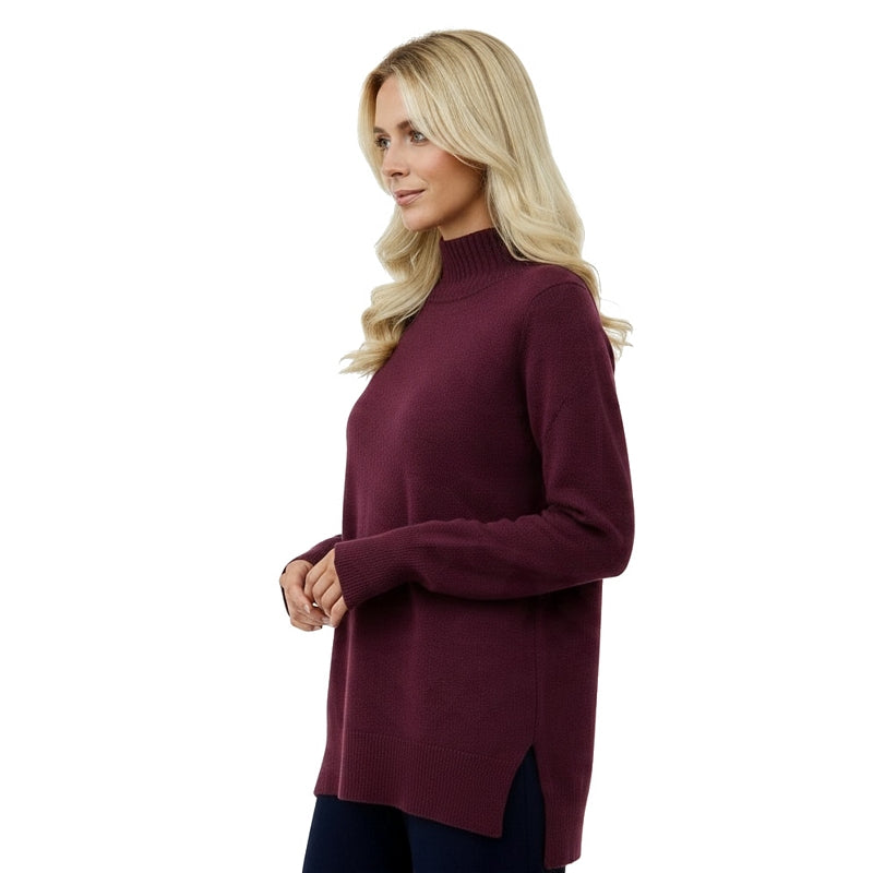 Amazing Woman Clothing Ruby High Neck Easy Fit Jumper Plum on model side