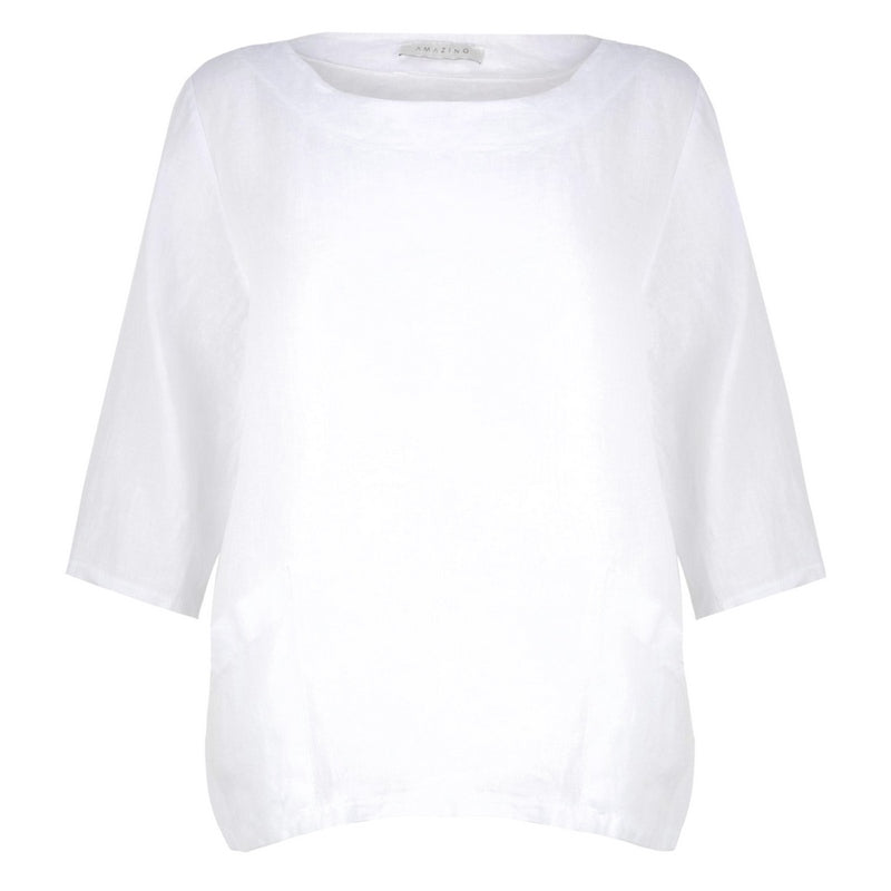 Amazing Woman Edie 3/4 Sleeve 2 Pocket Linen Top in White
