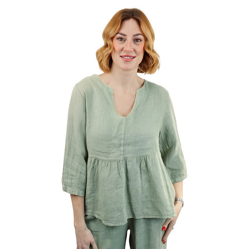 Amazing Woman Elodie Linen Peplum Top in Leek Green on model front