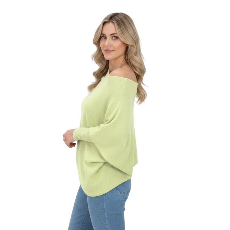 Amazing Woman Emilie Asymmetric Jumper Leek on model side