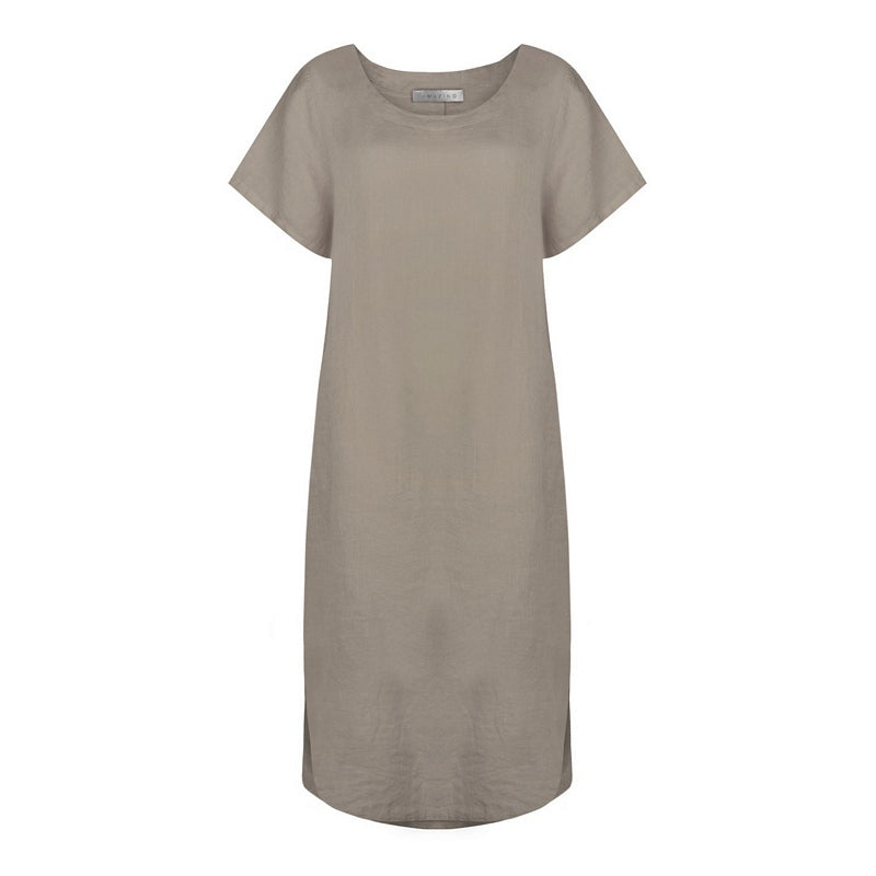 Amazing Woman Janey Side Slit Straight Midi Linen Dress in Fango front