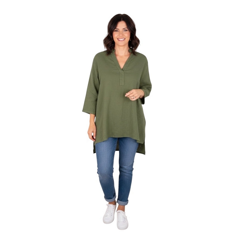 Amazing Woman Jenny Linen Grandad Shirt Khaki Military on model