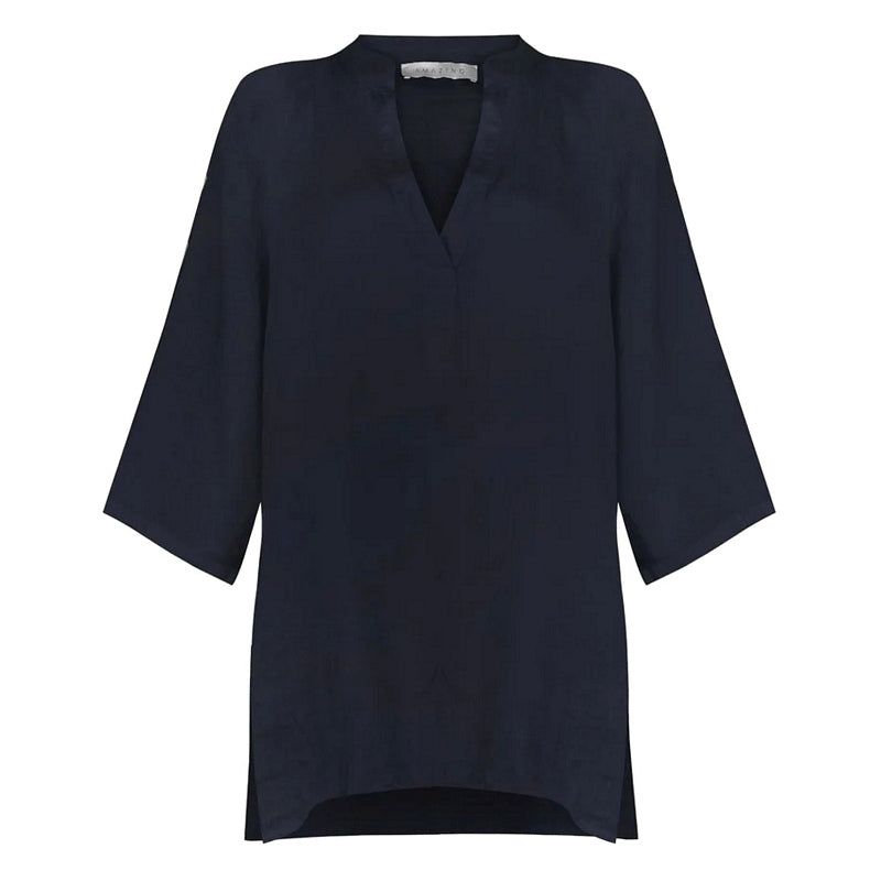 Amazing Woman Jenny Linen Grandad Shirt Navy Blue front