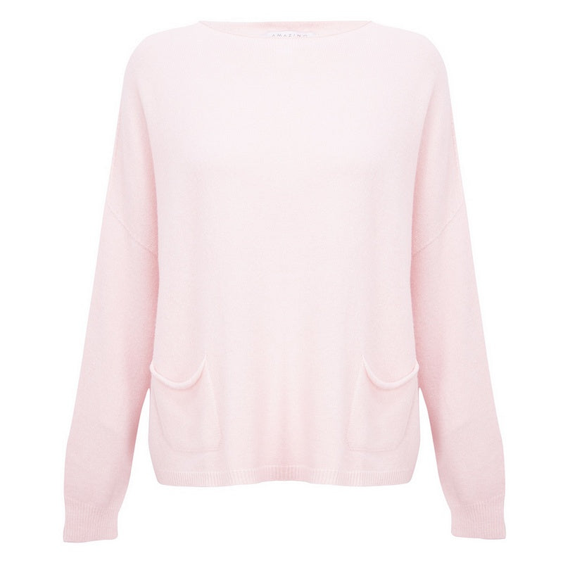 Amazing Woman Jodie Round Neck Front Pocket Jumper Pale Pink front