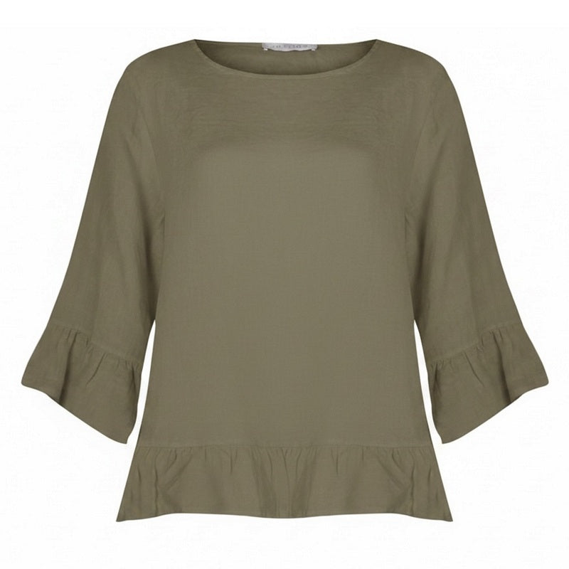 Amazing Woman Julia Linen Frill Top Khaki Military front