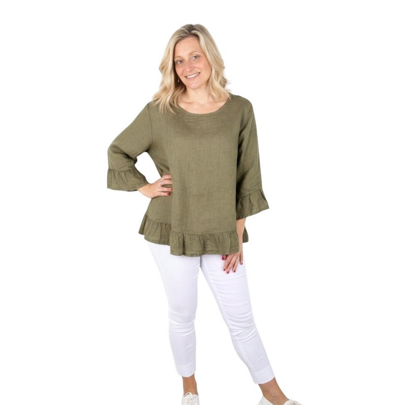 Amazing Woman Julia Linen Frill Top Khaki Military on model 1