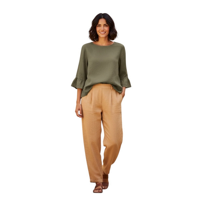 Amazing Woman Julia Linen Frill Top Khaki Military on model 2