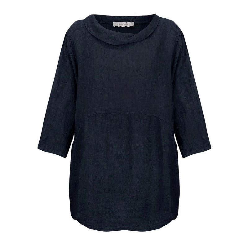 Amazing Woman Lexia Roll Neck Linen Top Charcoal front