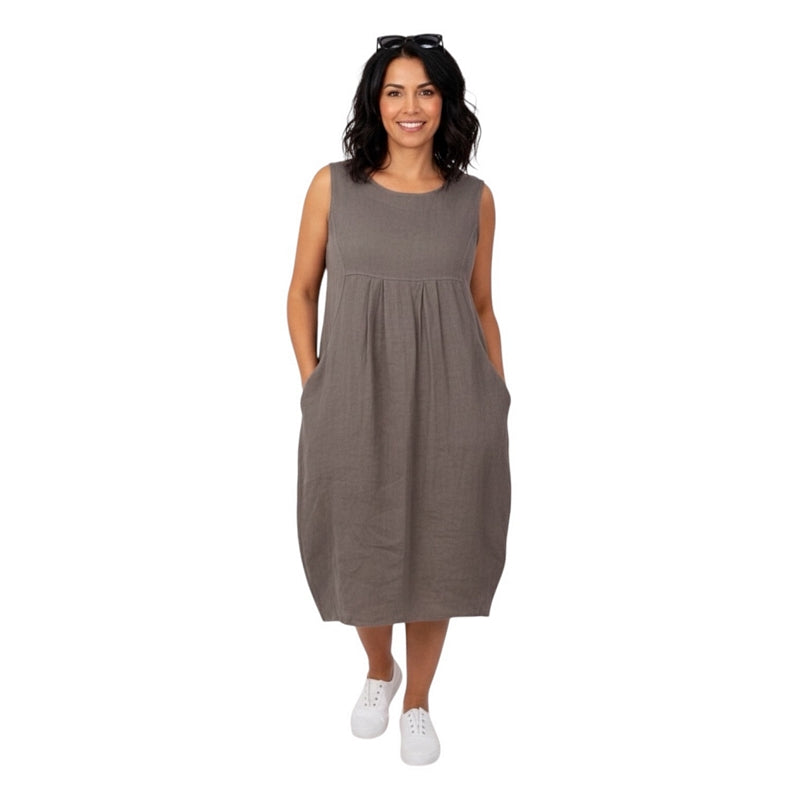 Amazing Woman Nerida Sleeveless Linen Dress Dark Mud on model front
