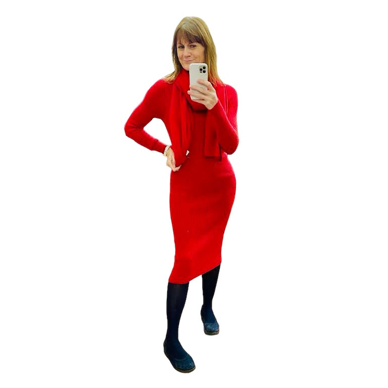 Amazing Woman Paola Fitted Ribbed Midi Dress Berry Red on model