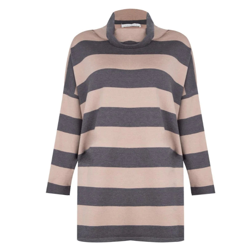 Amazing Woman Stina Roll Neck Stripe Top Charcoal Smoke front