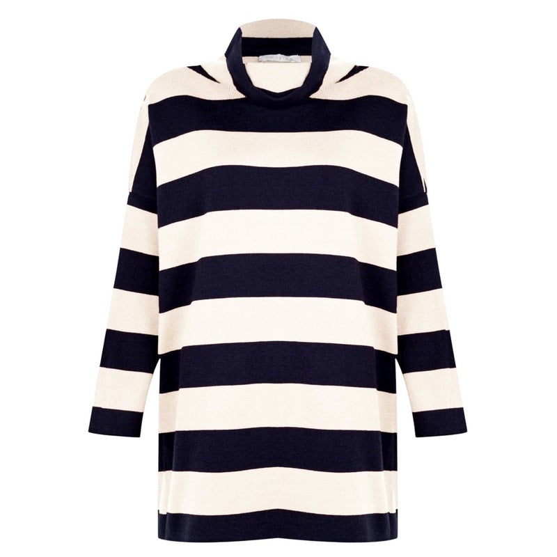 Amazing Woman Stina Roll Neck Stripe Top Navy and Cream front