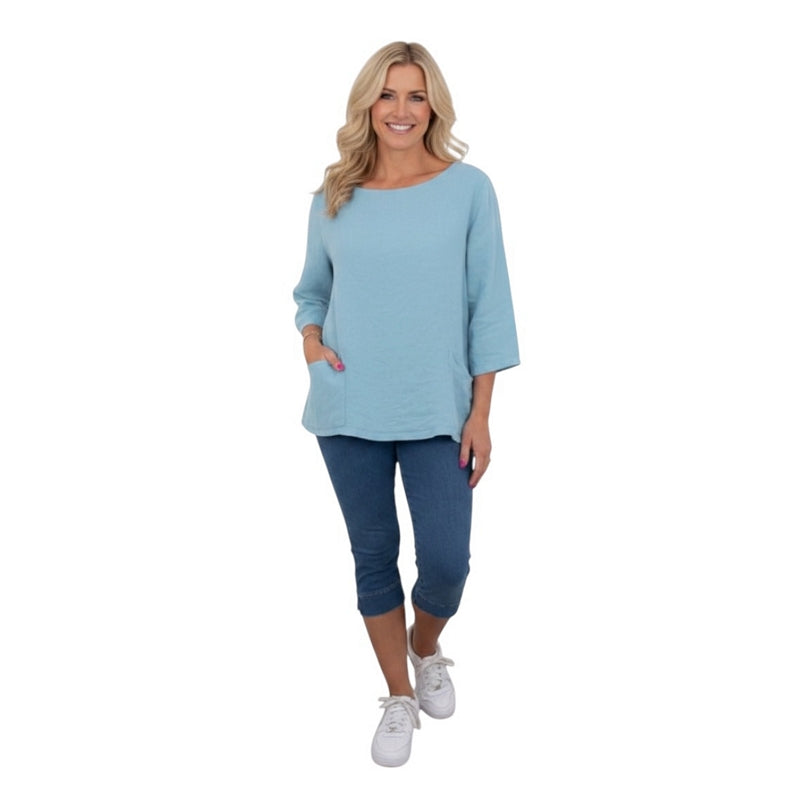 Amazing Woman Edie 3/4 Sleeve Linen Top Ice Blue on model front