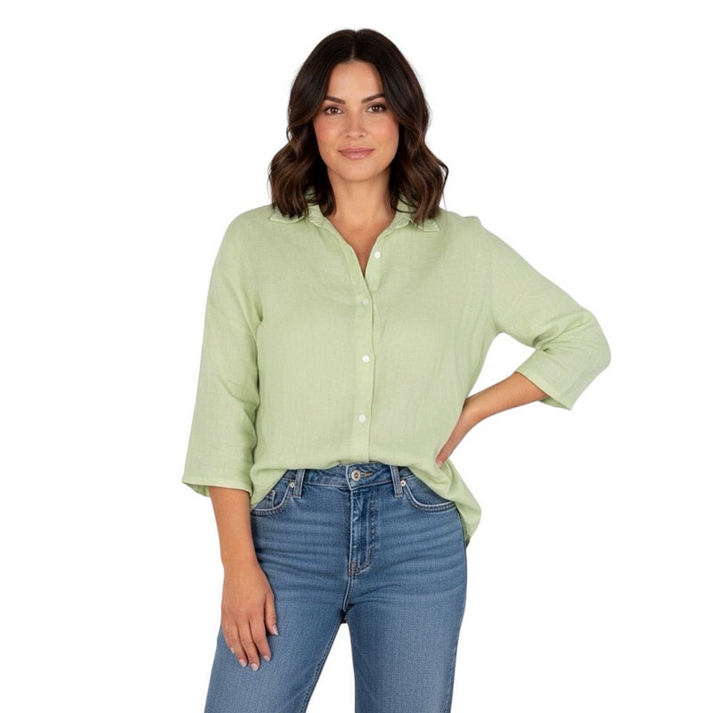Amazing Woman Finty X Oversized Linen Shirt Leek Green on model front