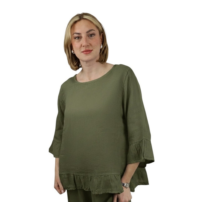 Amazing Woman Julia Linen Frill Top Khaki Military on model 3