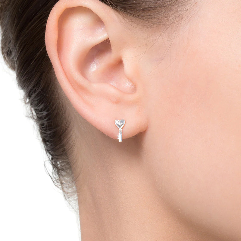 Annabella Moore Jewellery I Will Let You In Lock & Key Silver Earrings AM04-12E key on model