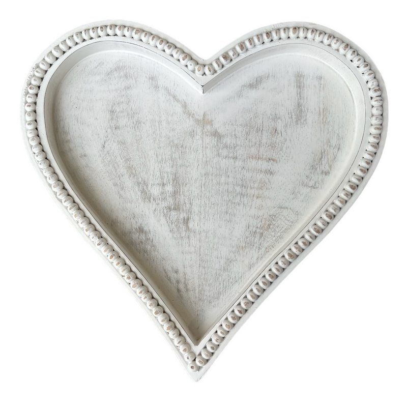 Antique White Beaded Mango Wood Heart-shaped Tray Large main