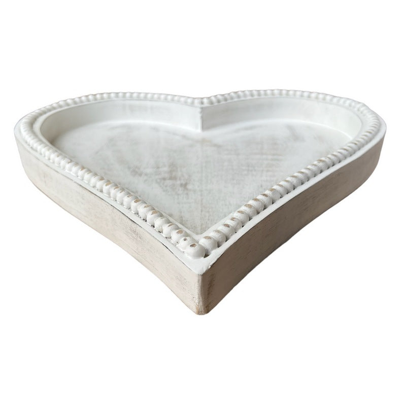 Antique White Beaded Mango Wood Heart-shaped Tray Large side