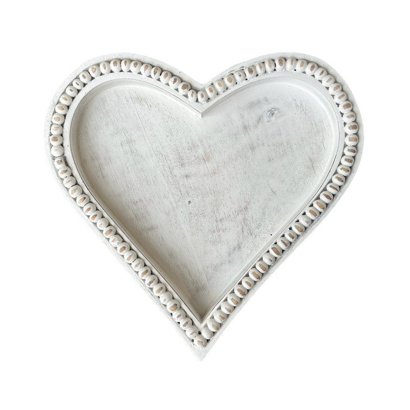 Antique White Beaded Mango Wood Heart-shaped Tray medium main