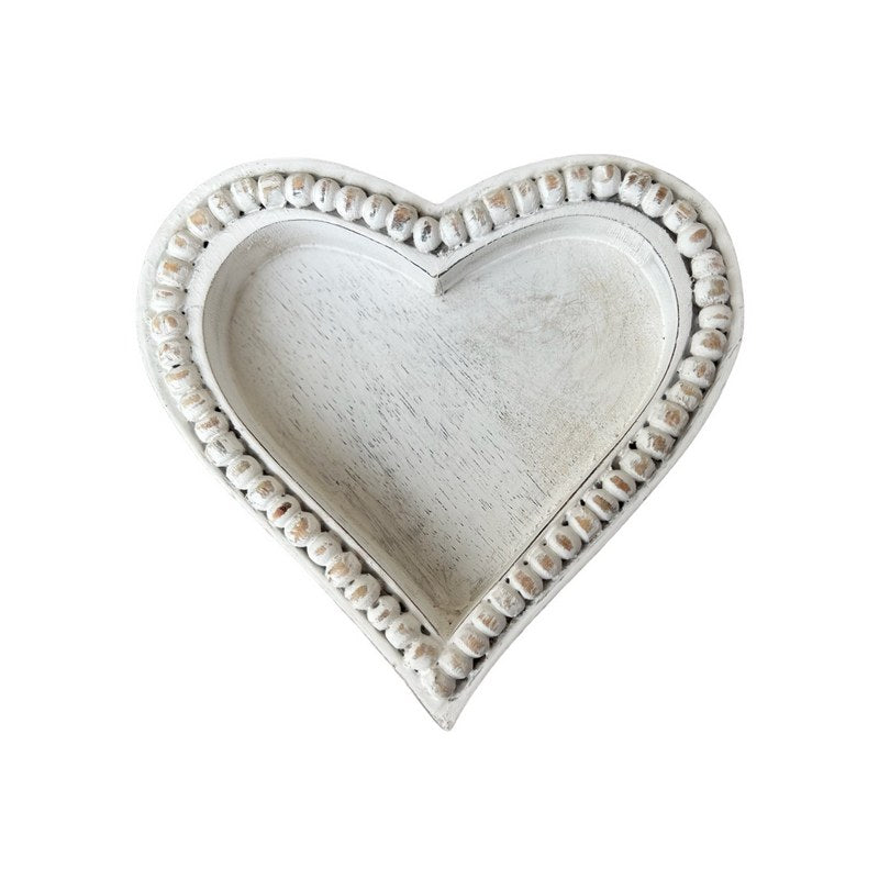 Antique White Beaded Mango Wood Heart-shaped Tray small main