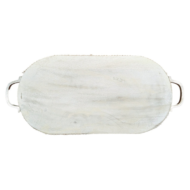 Antique White Beaded Mango Wood Large Oval Platter